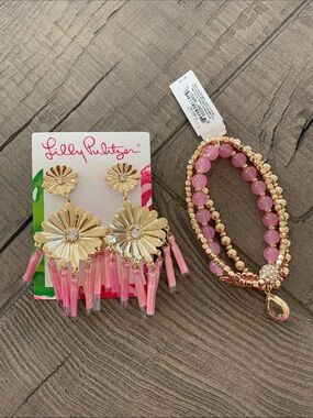 Lilly Pulitzer Pink Beaded Bracelet & Gold Pink Tassel Flower Earrings Set